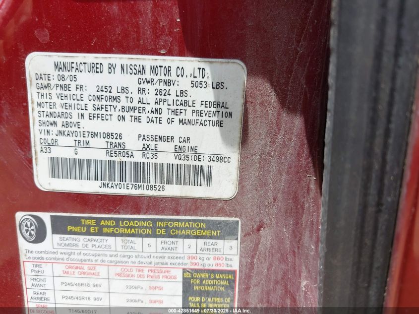 2006 Infiniti M35 VIN: JNKAY01E76M108526 Lot: 42851649