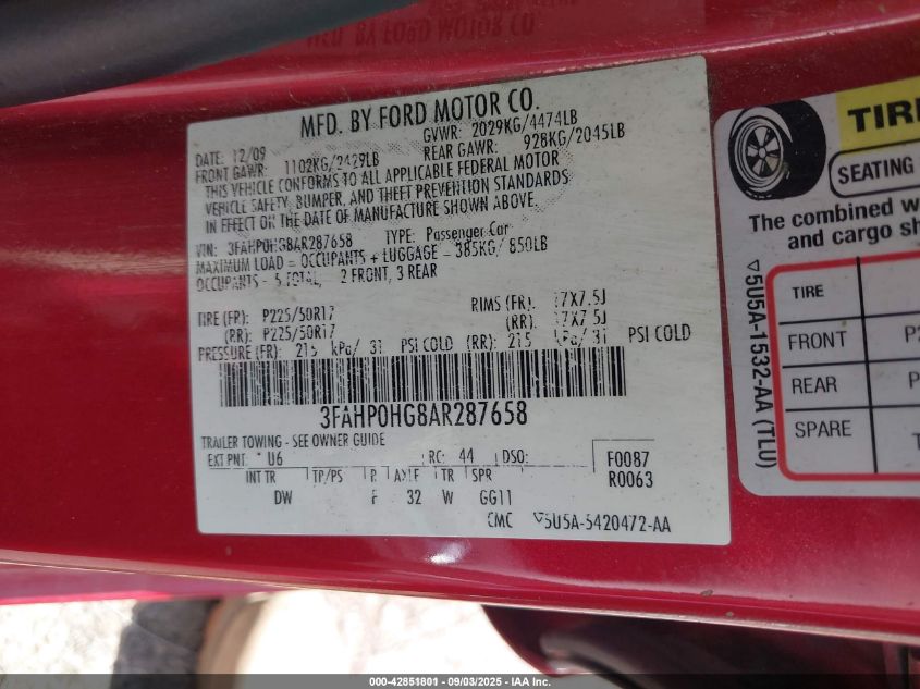 2010 Ford Fusion Se VIN: 3FAHP0HG8AR287658 Lot: 42851801