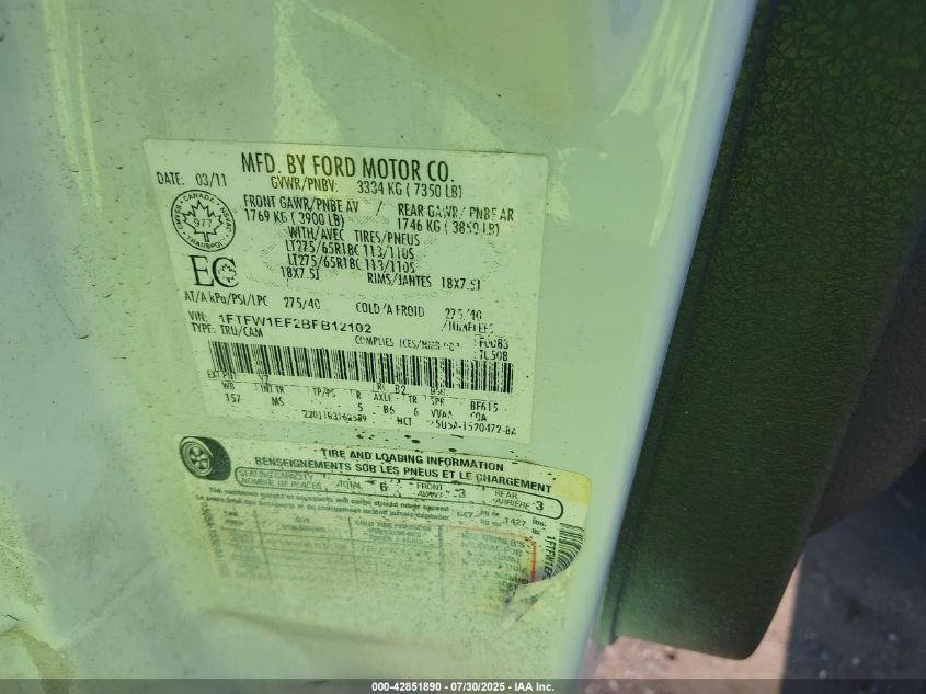 2011 Ford F-150 Xlt VIN: 1FTFW1EF2BFB12102 Lot: 42851890