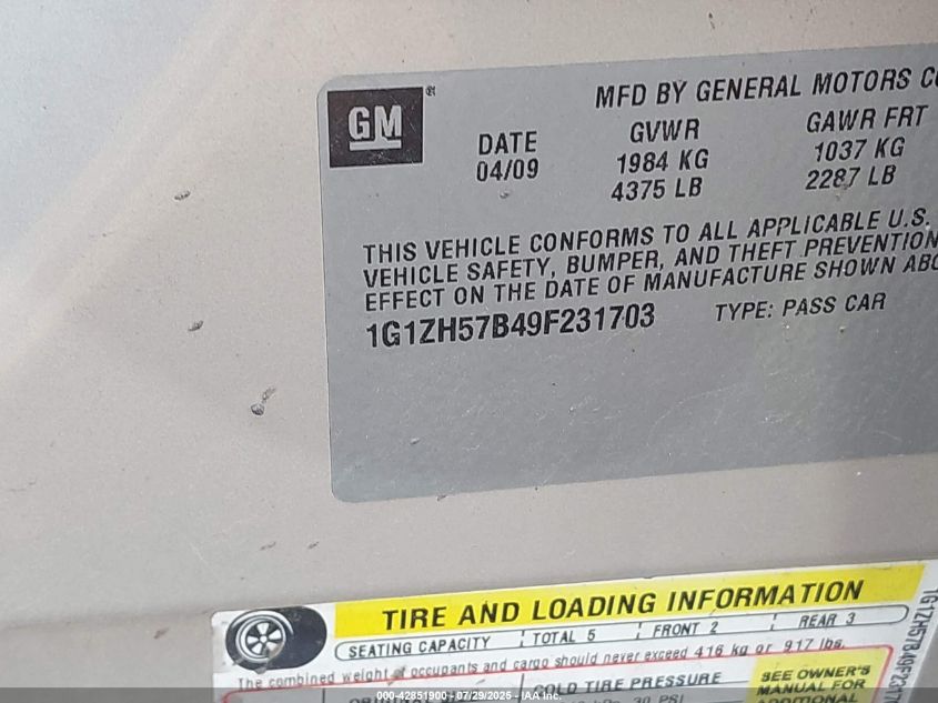2009 Chevrolet Malibu Lt VIN: 1G1ZH57B49F231703 Lot: 42851900