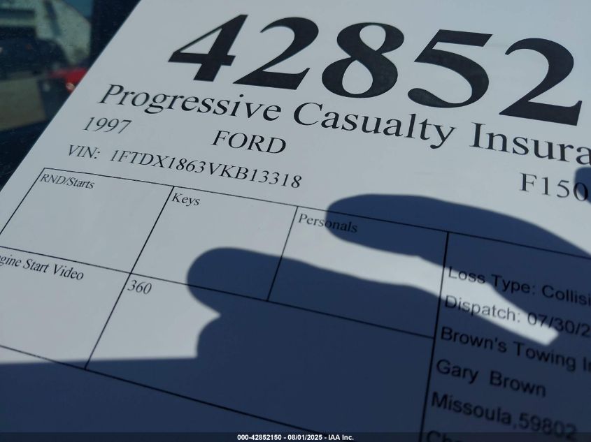 1997 Ford F-150 Lariat/Xl/Xlt VIN: 1FTDX1863VKB13318 Lot: 42852150