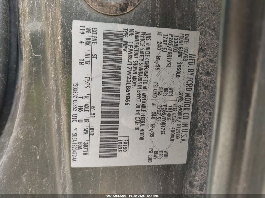 2003 Ford Expedition Eddie Bauer VIN: 1FMRU17W23LB69866 Lot: 42852292