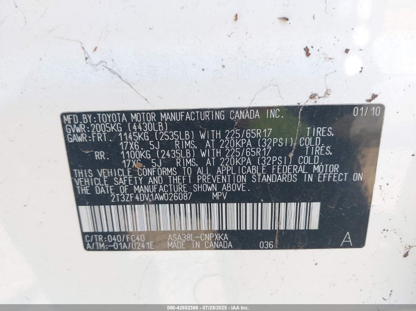 2010 Toyota Rav4 VIN: 2T3ZF4DV1AW026087 Lot: 42852366