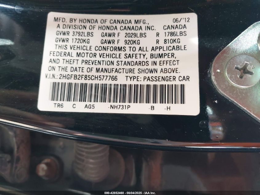2012 Honda Civic Ex VIN: 2HGFB2F85CH577766 Lot: 42852468