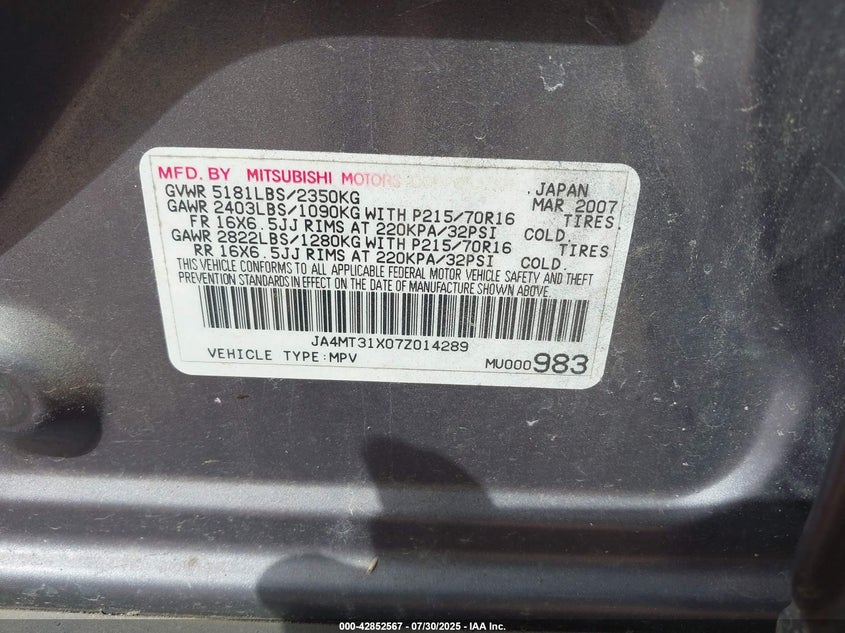 2007 Mitsubishi Outlander VIN: JA4MT31X07V014289 Lot: 42852567