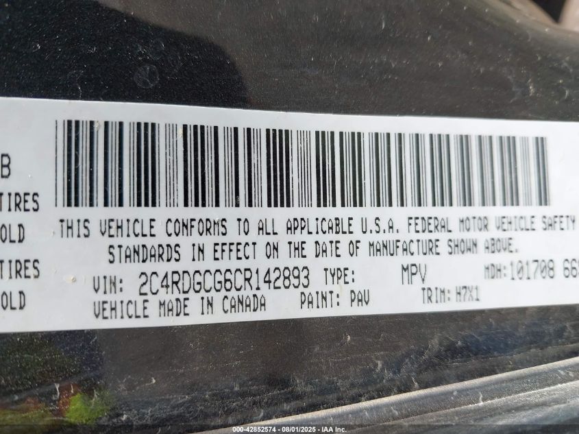 2012 Dodge Grand Caravan Sxt VIN: 2C4RDGCG6CR142893 Lot: 42852574