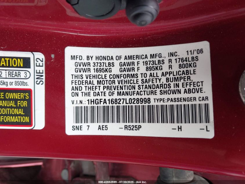 2007 Honda Civic Ex VIN: 1HGFA16827L028998 Lot: 42852599