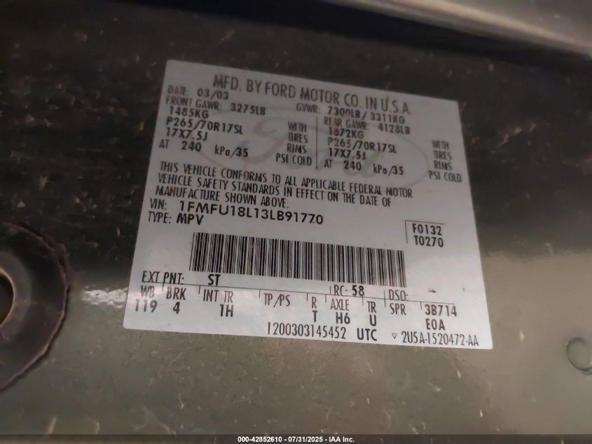 2003 Ford Expedition Eddie Bauer VIN: 1FMFU18L13LB91770 Lot: 42852610