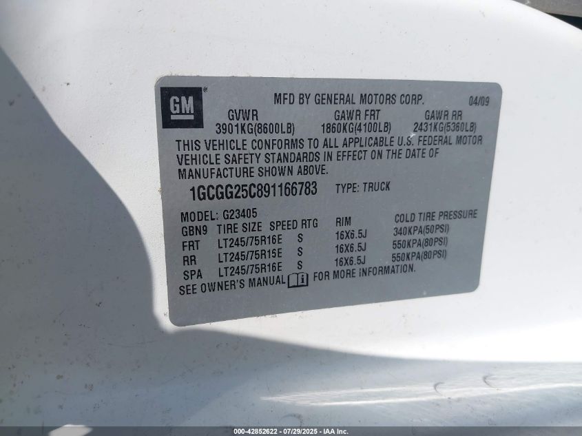 2009 Chevrolet Express 2500 Work Van VIN: 1GCGG25C891166783 Lot: 42852622