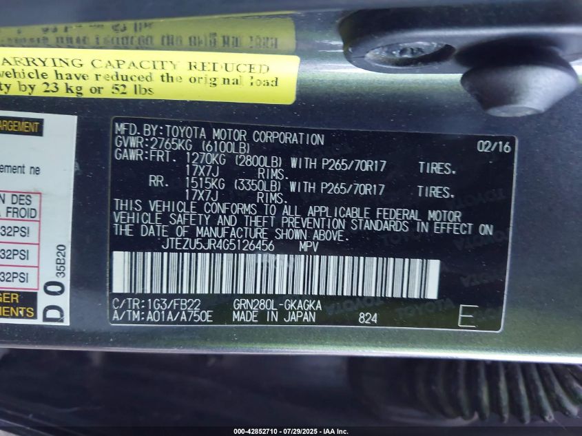 2016 Toyota 4Runner Sr5 VIN: JTEZU5JR4G5126456 Lot: 42852710