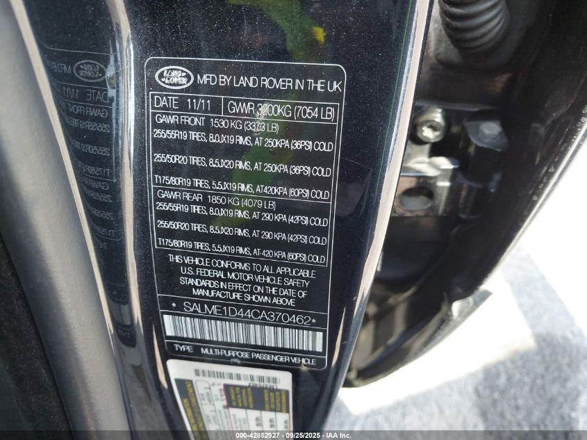 2012 Land Rover Range Rover Hse VIN: SALME1D44CA370462 Lot: 42852927