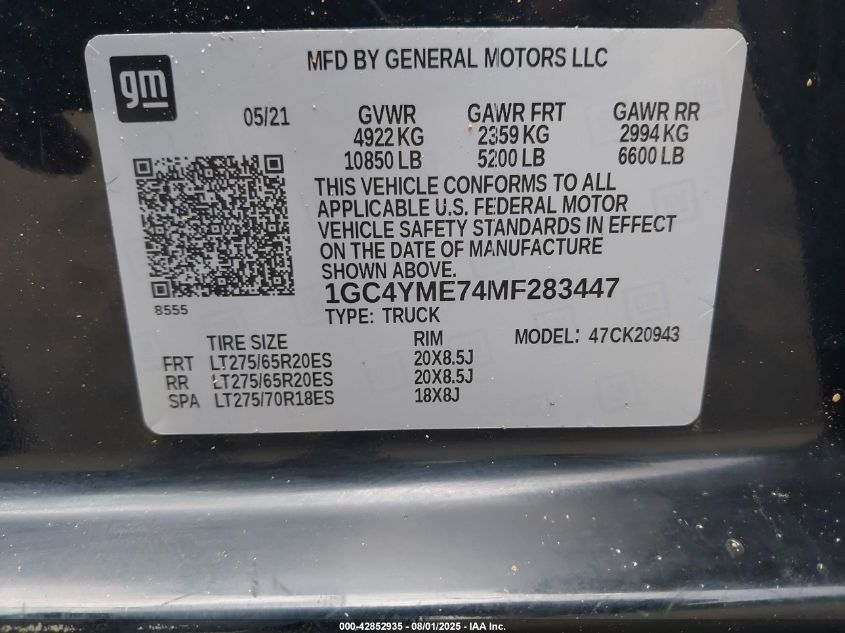 2021 Chevrolet Silverado 2500Hd 4Wd Long Bed Custom VIN: 1GC4YME74MF283447 Lot: 42852935