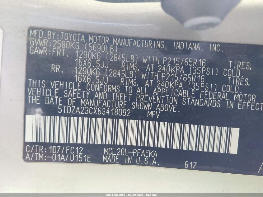 2006 Toyota Sienna Le VIN: 5TDZA23CX6S418092 Lot: 42852957