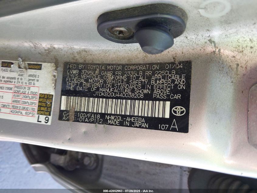 2004 Toyota Prius VIN: JTDKB20U440038208 Lot: 42852963