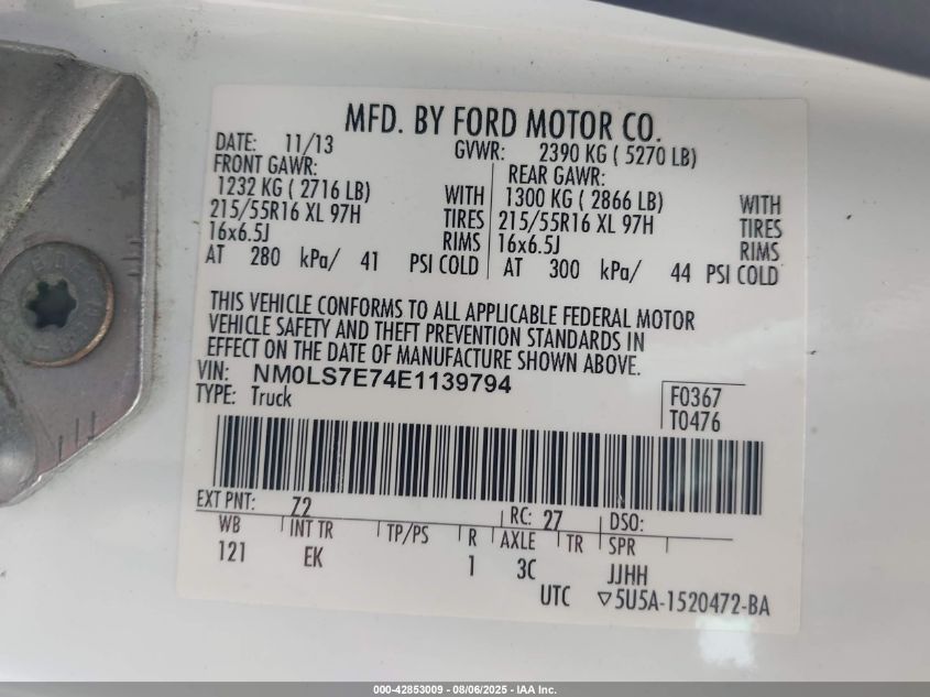 2014 Ford Transit Connect Xl VIN: NM0LS7E74E1139794 Lot: 42853009