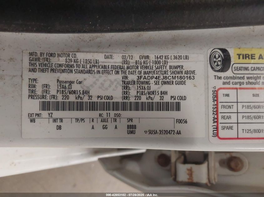 2012 Ford Fiesta Se VIN: 3FADP4EJ8CM180163 Lot: 42853102