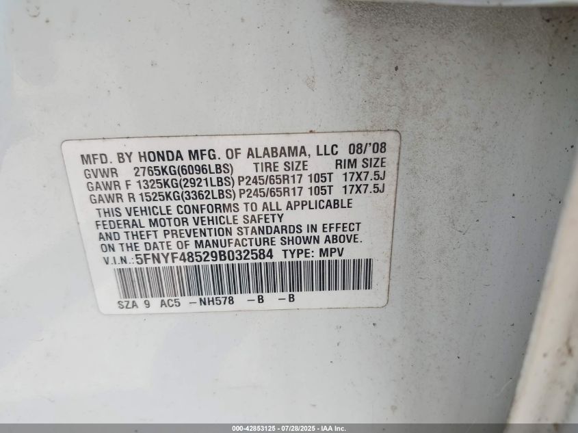 2009 Honda Pilot Ex-L VIN: 5FNYF48529B032584 Lot: 42853125