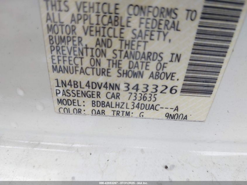 2022 Nissan Altima Sv Fwd VIN: 1N4BL4DV4NN343326 Lot: 42853267