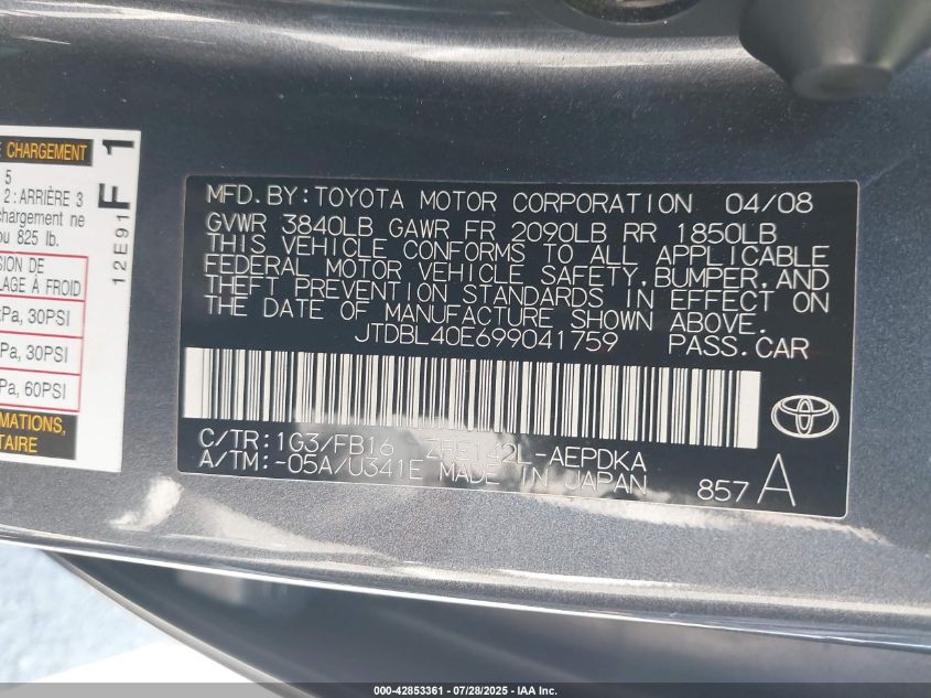 2009 Toyota Corolla VIN: JTDBL40E699041759 Lot: 42853361