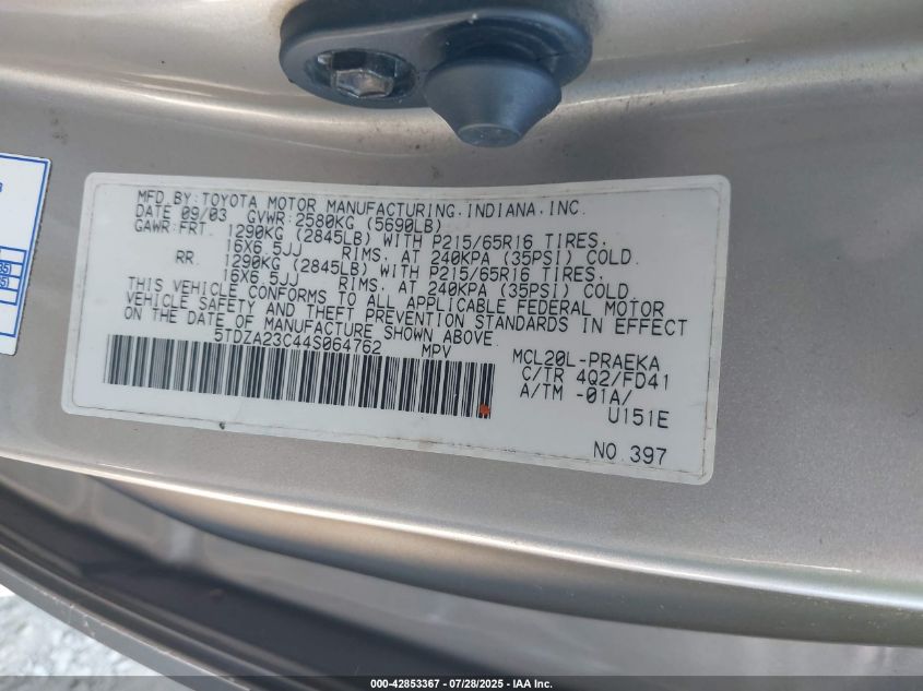 2004 Toyota Sienna Ce VIN: 5TDZA23C44S064762 Lot: 42853367