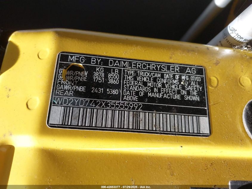 2003 Dodge Sprinter Van 2500 Super High Ceiling VIN: WD2YD742X35555992 Lot: 42853377