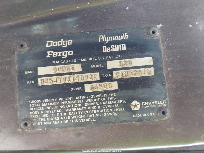 1995 Dodge Fargo VIN: B25JT9X198722 Lot: 42853405