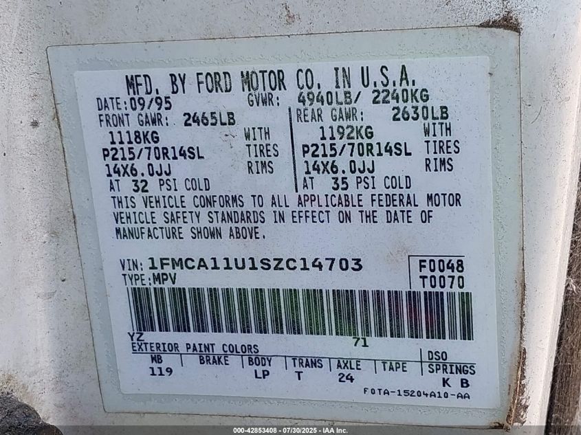 1995 Ford Aerostar VIN: 1FMCA11U1SZC14703 Lot: 42853408
