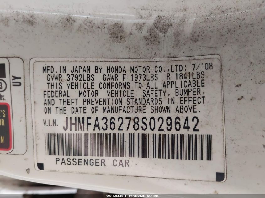 2008 Honda Civic Hybrid VIN: JHMFA36278S029642 Lot: 42853414