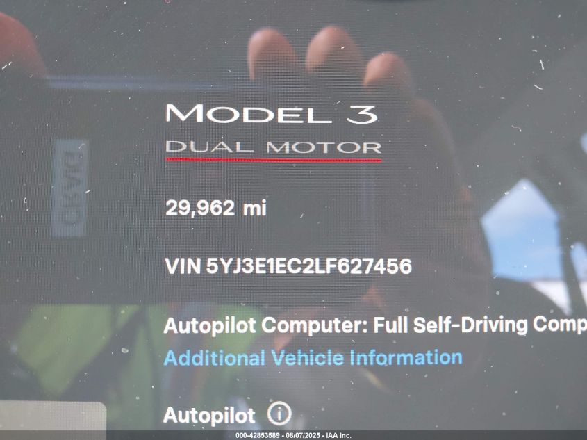 2020 Tesla Model 3 Performance Dual Motor All-Wheel Drive VIN: 5YJ3E1EC2LF627456 Lot: 42853589