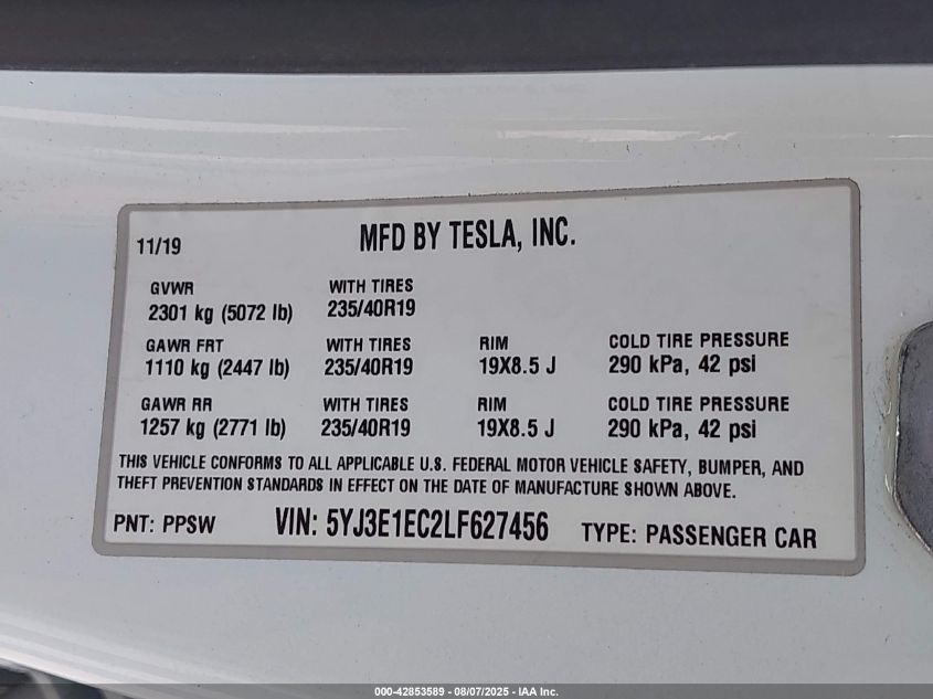2020 Tesla Model 3 Performance Dual Motor All-Wheel Drive VIN: 5YJ3E1EC2LF627456 Lot: 42853589