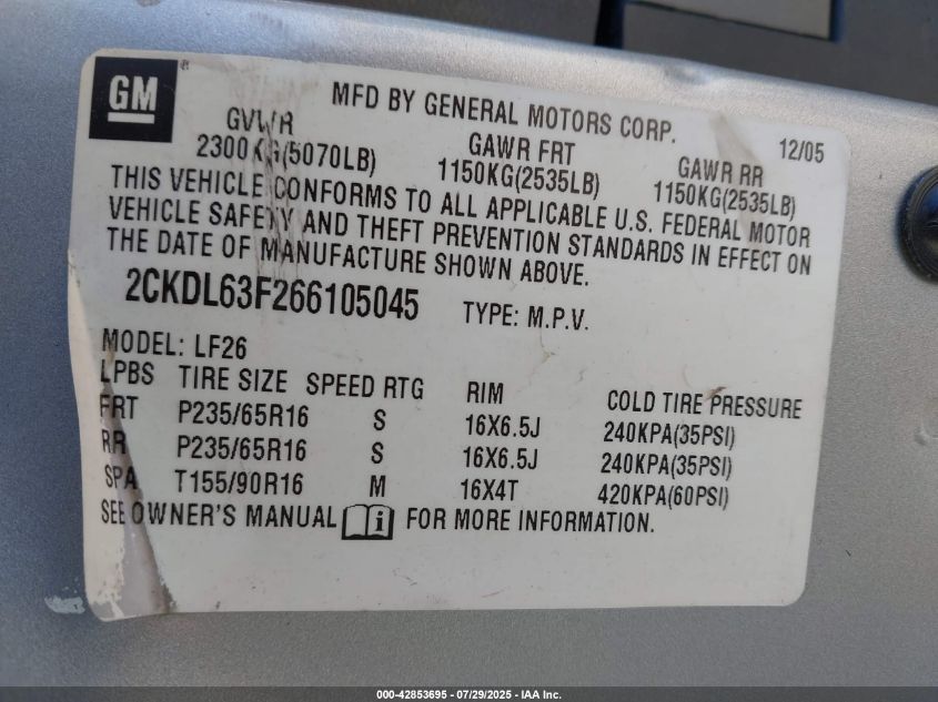 2006 Pontiac Torrent VIN: 2CKDL63F266105045 Lot: 42853695