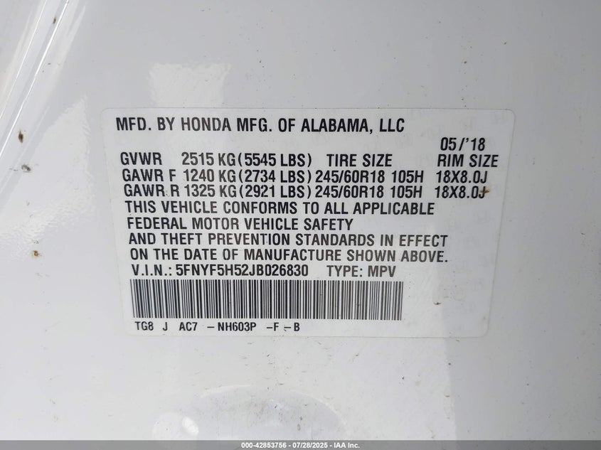 2018 HONDA PILOT EX-L - 5FNYF5H52JB026830