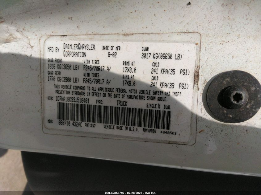 2003 Dodge Ram 1500 St VIN: 1D7HA18K93J518401 Lot: 42853797