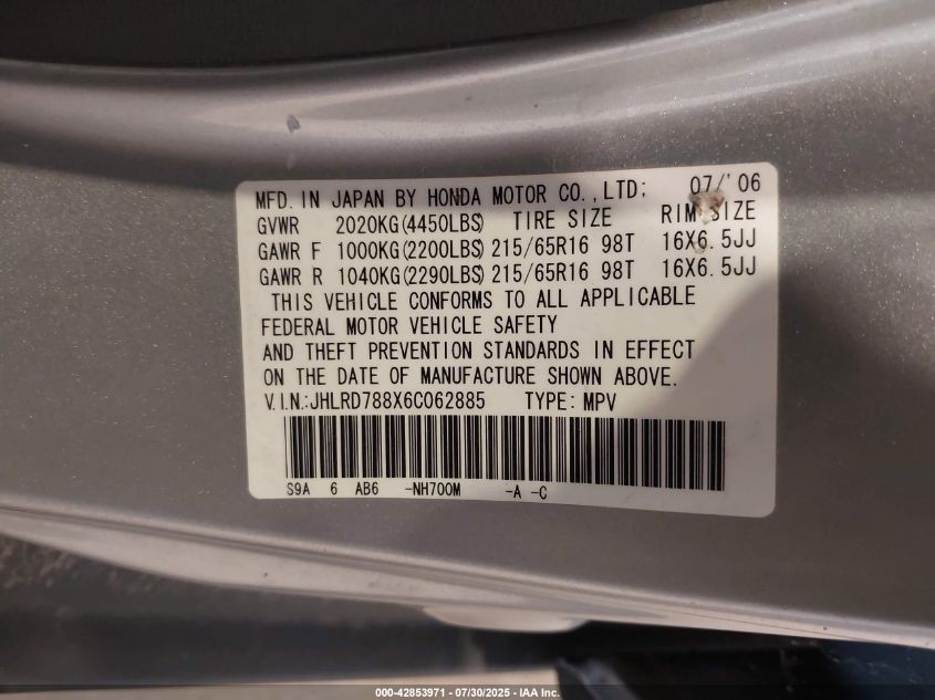 2006 Honda Cr-V Ex VIN: JHLRD788X6C062885 Lot: 42853971