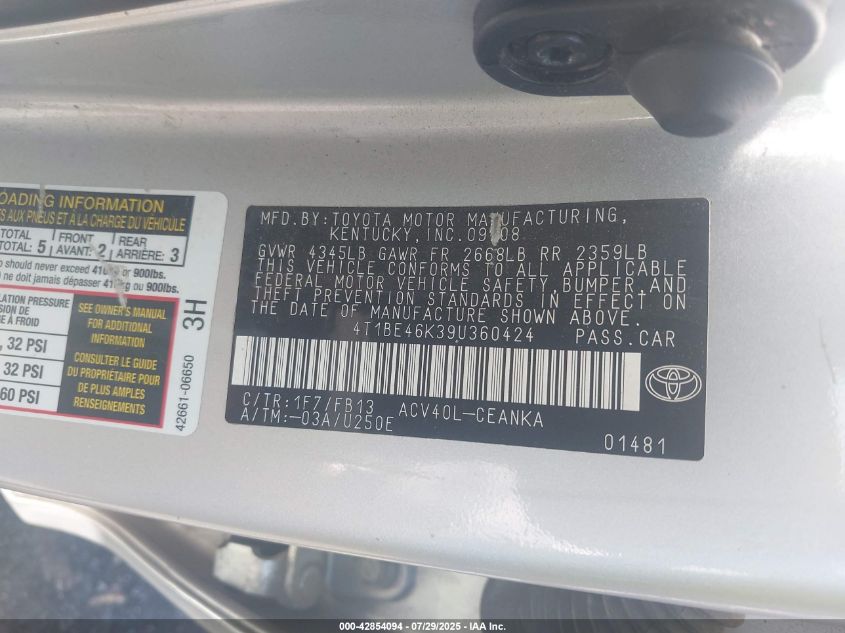 2009 Toyota Camry Le VIN: 4T1BE46K39U360424 Lot: 42854094