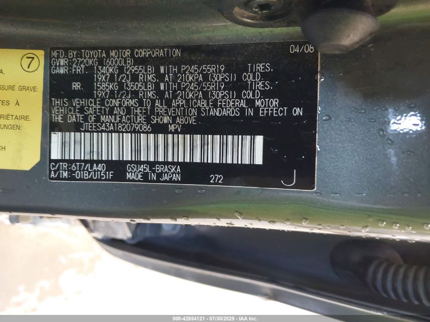 2008 Toyota Highlander Sport VIN: JTEES43A182079086 Lot: 42854121