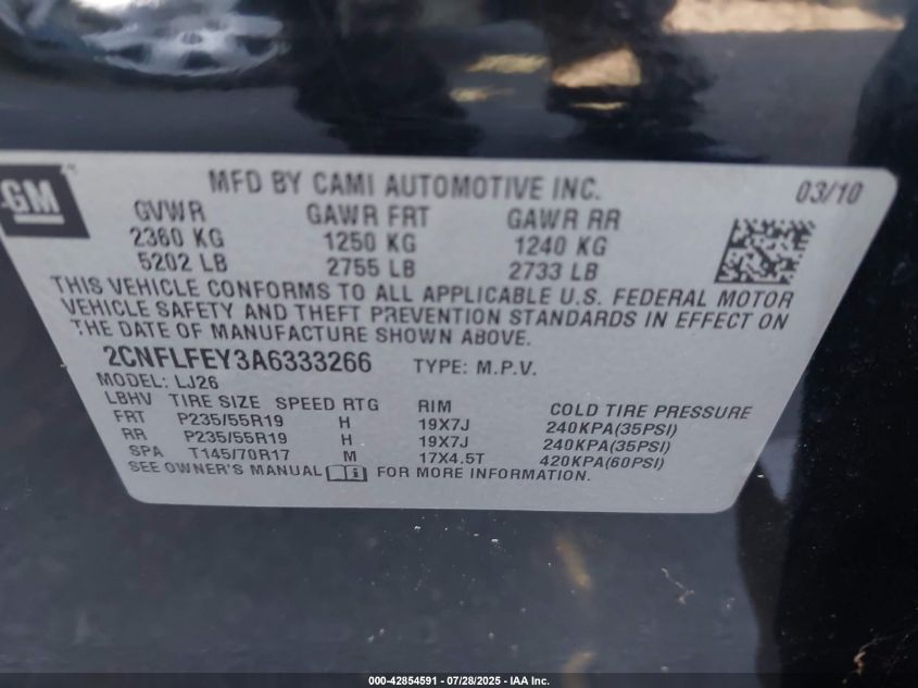 2010 Chevrolet Equinox Ltz VIN: 2CNFLFEY3A6333266 Lot: 42854591