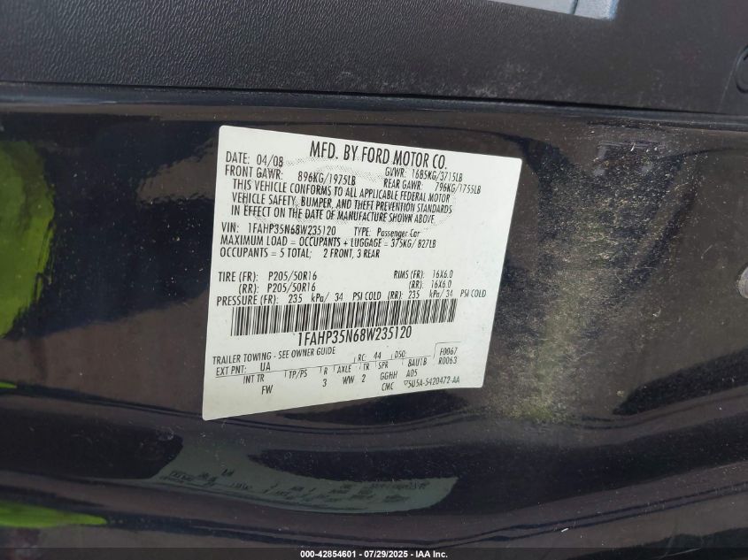 2008 Ford Focus Se/Ses VIN: 1FAHP35N68W235120 Lot: 42854601