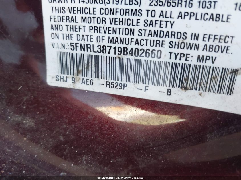 2009 Honda Odyssey Ex-L VIN: 5FNRL38719B402660 Lot: 42854841