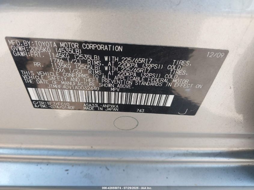2010 Toyota Rav4 VIN: JTMBF4DV1AD032440 Lot: 42855074