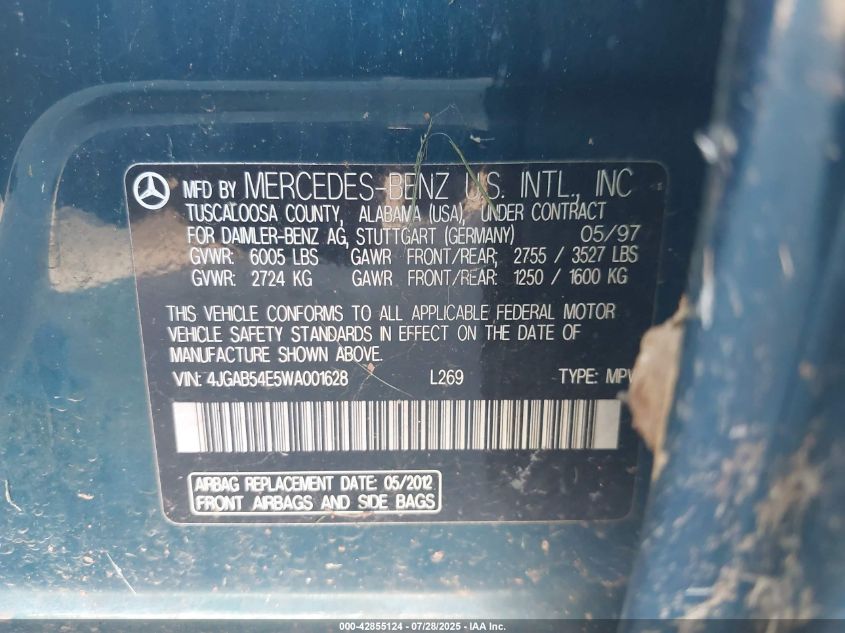 1998 Mercedes-Benz Ml 320 Classic VIN: 4JGAB54E5WA001628 Lot: 42855124