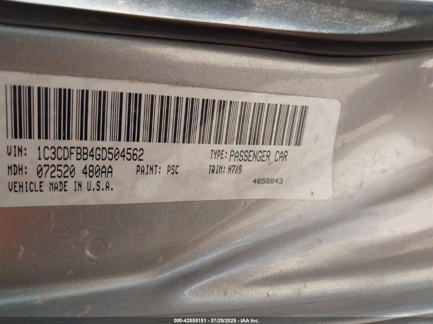 2016 Dodge Dart Sxt VIN: 1C3CDFBB4GD504562 Lot: 42855151