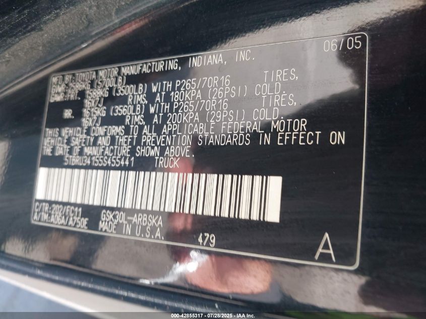 2005 Toyota Tundra Sr5 VIN: 5TBRU34155S455441 Lot: 42855317