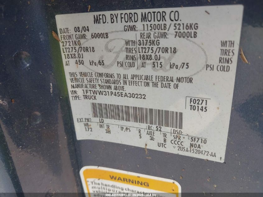 2005 Ford F-350 Lariat/Xl/Xlt VIN: 1FTWW31P45EA30232 Lot: 42855381