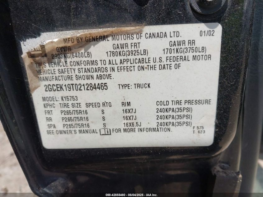 2002 Chevrolet Silverado 1500 Lt VIN: 2GCEK19T021284465 Lot: 42855480