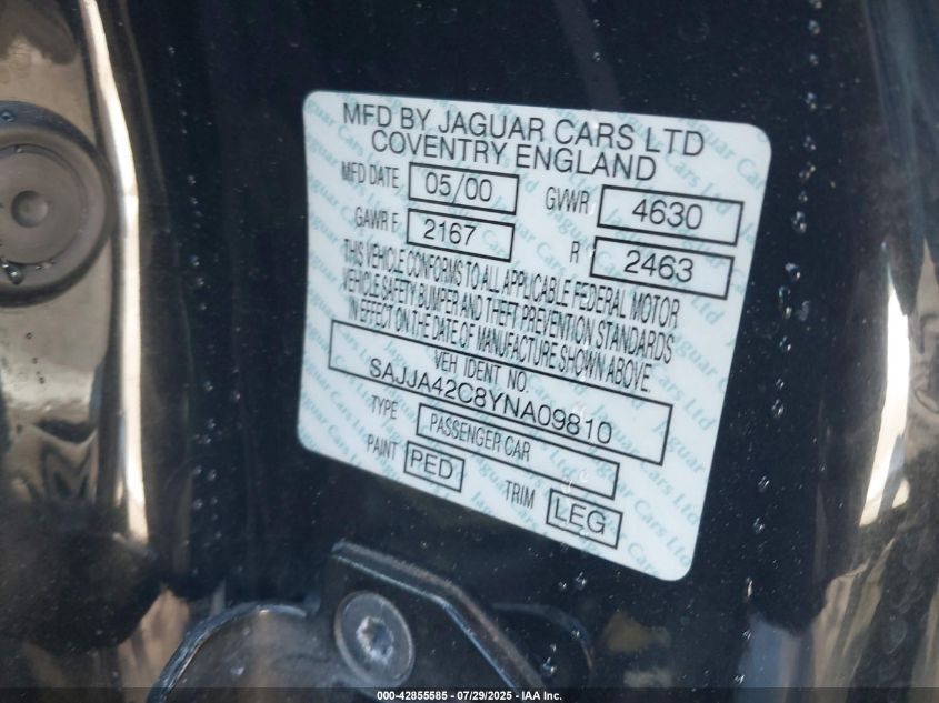 2000 Jaguar Xk8 VIN: SAJJA42C8YNA09810 Lot: 42855585