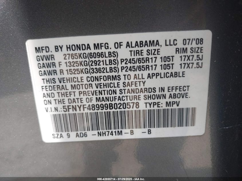 2009 Honda Pilot Touring VIN: 5FNYF48999B020578 Lot: 42855714