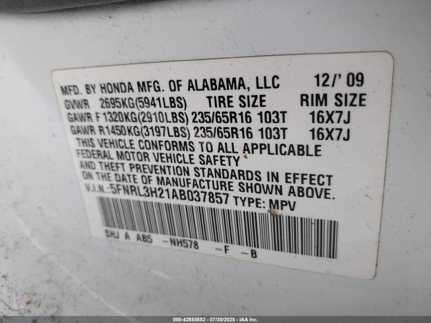 2010 Honda Odyssey Lx VIN: 5FNRL3H21AB037857 Lot: 42855852