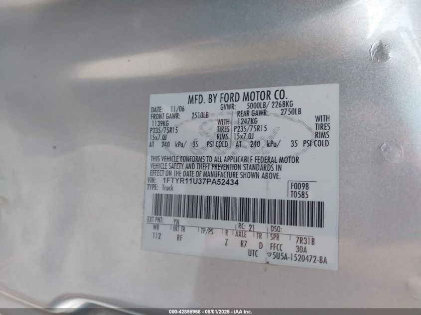 2007 Ford Ranger Sport/Xl/Xlt VIN: 1FTYR11U37PA52434 Lot: 42855968