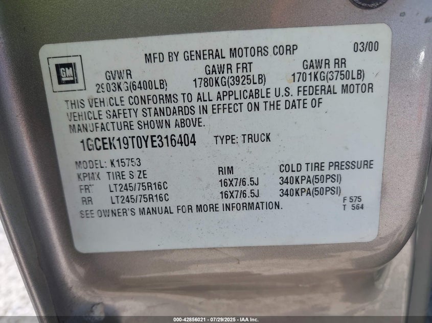 2000 Chevrolet Silverado 1500 Ls VIN: 1GCEK19T0YE316404 Lot: 42856021
